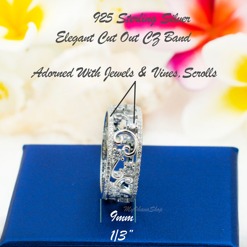 925 Sterling Silver Vines & Scrolls, Cubic Zirconia Band For Women. Elegant 9mm Cutout Pinky, Statement, Wedding, Engagement, Thumb Ring.