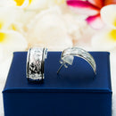 925 Sterling Silver Hawaiian Earrings For Girls, Women. 6, 8, 10mm Hand Carved, Half Moon Hoop Earrings With Plumeria Flowers and Scrolls.