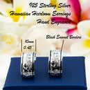 925 Sterling Silver Hawaiian Earrings For Girls, Women. 6, 8, 10mm Hand Carved, Half Moon Hoop Earrings With Plumeria Flowers and Scrolls.