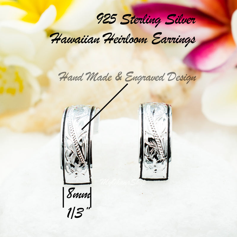 925 Sterling Silver Hawaiian Earrings For Girls, Women. 6, 8, 10mm Hand Carved, Half Moon Hoop Earrings With Plumeria Flowers and Scrolls.