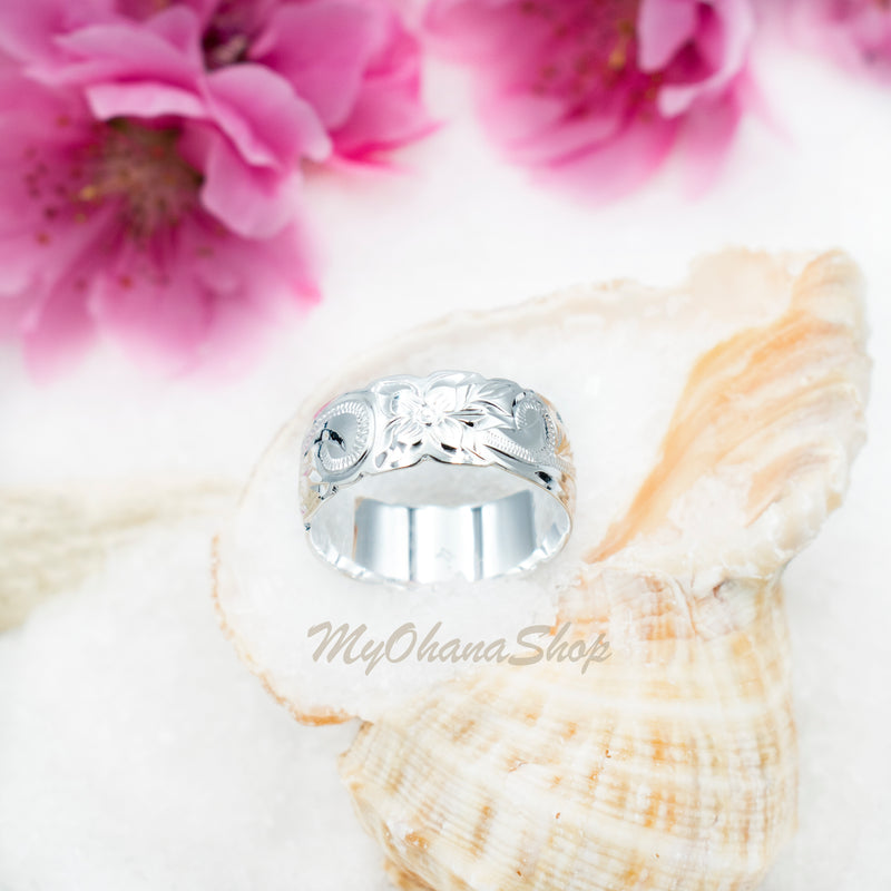 925 Sterling Silver Hand Carved Hawaiian Ring For Women.  6mm, 8mm, or 10mm Hand-Engraved, Scalloped Edge, Plumerias & Scrolls Wedding, Engagement Band