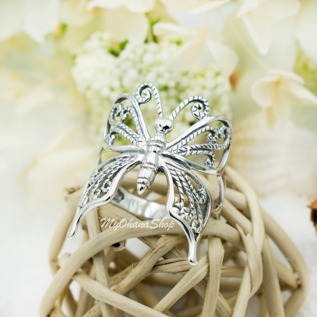 Solid 925 Sterling Silver Large Butterfly Ring – Oxidized Rhodium Vintage Finish, Sizes 5-10