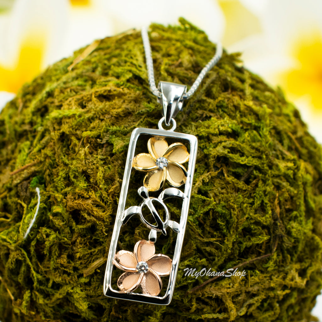 925 Sterling Silver Plumeria Sea Turtle Necklace for Tri