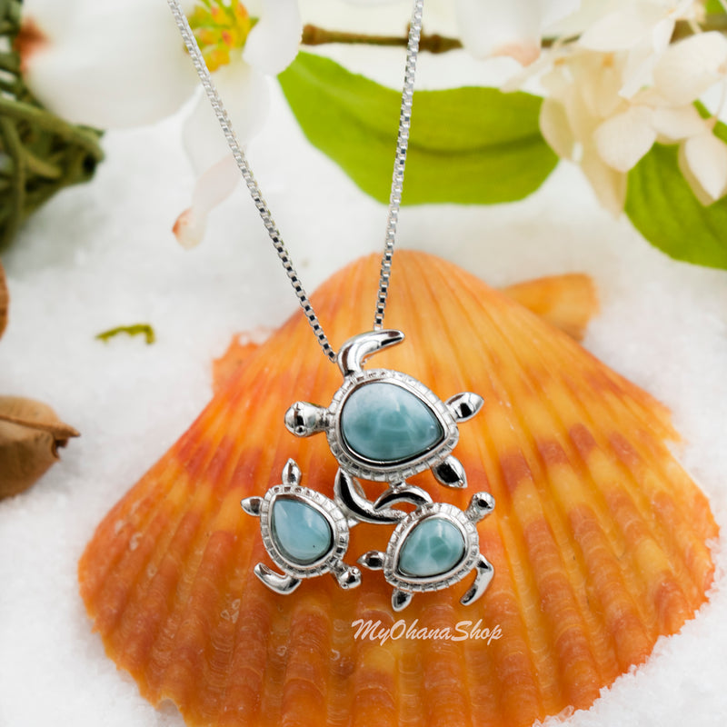 Sterling Silver Sea Turtles Necklace. Genuine Larimar Hawaiian Green Turtle Ohana, Family Necklace. Sea Life Jewelry Gift For Mom & Daughter