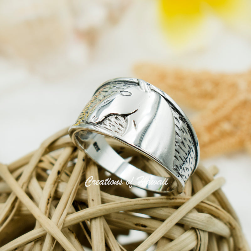 925 Sterling Silver Horse Face Ring for Boys, Men & Women.  15mm Wide Farmer, Country, County, State Fair, Horse Racetrack Statement Ring.