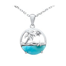 925 Sterling Silver Larimar Beach Scene Necklace. 16mm Round Beach Landscape Pendant: Palm Tree, Starfish, Sun, Beach & Blue Larimar Water