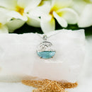 925 Sterling Silver Larimar Beach Scene Necklace. 16mm Round Beach Landscape Pendant: Palm Tree, Starfish, Sun, Beach & Blue Larimar Water