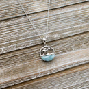 925 Sterling Silver Larimar Beach Scene Necklace. 16mm Round Beach Landscape Pendant: Palm Tree, Starfish, Sun, Beach & Blue Larimar Water