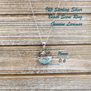 925 Sterling Silver Larimar Beach Scene Necklace. 16mm Round Beach Landscape Pendant: Palm Tree, Starfish, Sun, Beach & Blue Larimar Water