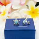 925 Sterling Silver Larimar Sea Turtle Earrings.  Genuine Blue Larimar Inlay Hawaiian Honu Stud Earrings in Silver, Gold, or Rose Gold Color