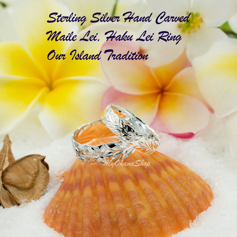 925 Sterling Silver Hawaiian Maile Lei Ring For Women.  6mm, 8mm Hand-Carved, Engraved With Plumeria & Maile Leaves, Island Wedding Bands.