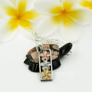 925 Sterling Silver Plumerias Necklace for Women. 1 1/4" Vertical Cutout, Bar Necklace with Tri-color Flowers of Hawaii. Hawaiian Jewelry.