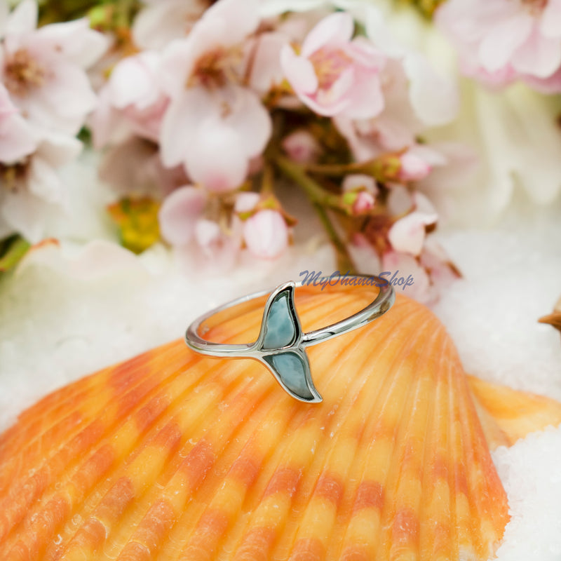 925 Sterling Silver Whale Tail Ring With Genuine Larimar Inlay. Orca Whale Tail Ring For Pinky, Index, Thumb, Ring Finger. Sea Life Jewelry.
