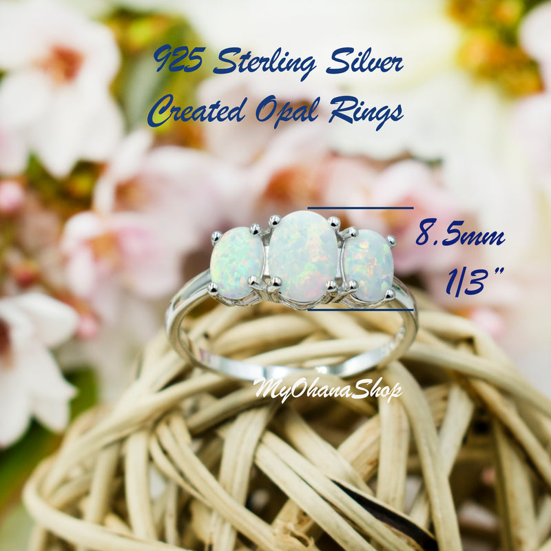 925 Sterling Silver Triple Opal Ring For Women.  Created White Opal, Oval Stones Statement Ring.  Opal Jewelry. Gift For Her.