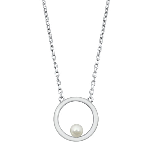 925 Sterling Silver Pearl In Circle Necklace