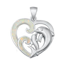 925 Sterling Silver Dolphin & Heart Lover Pendant With Created Opal Inlay