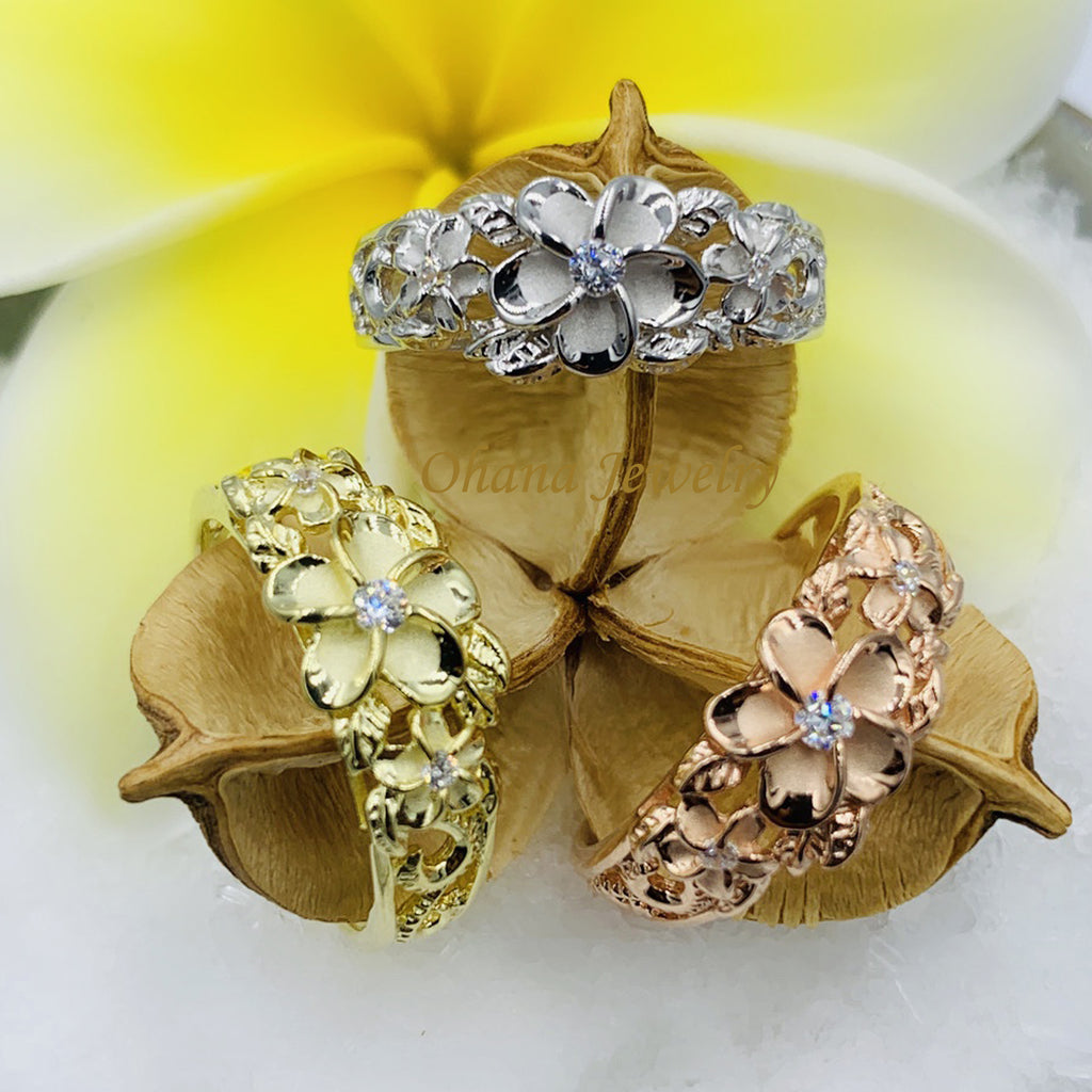14K Yellow Gold] Hawaiian Plumeria Flower Bracelet with Diamond