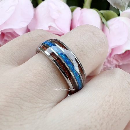 Tungsten Rings With Opal & Natural Shell Inlay