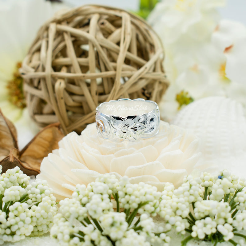 Silver 925 Hawaiian Plumeria Flower Ring – 10mm Wide With Scroll & Scallop Edge Design