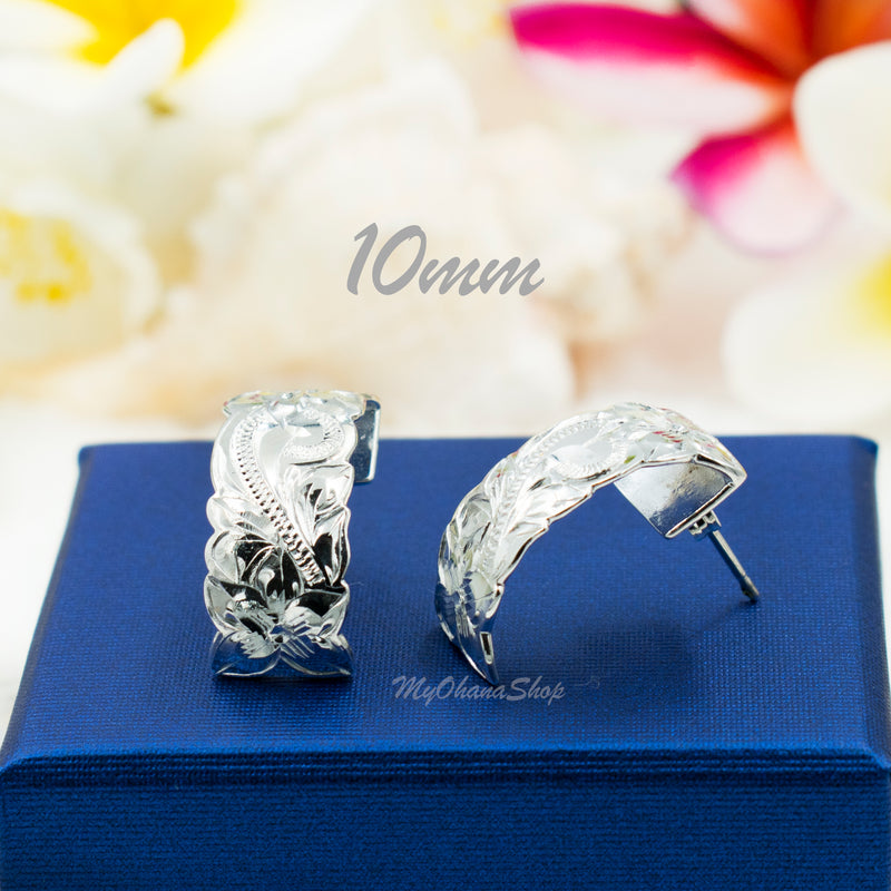 925 Sterling Silver Hawaiian Heritage Earrings For Women.  Classic, Elegant, Hand-Carved, Engraved, Scalloped Heirloom, Halfmoon Earrings.