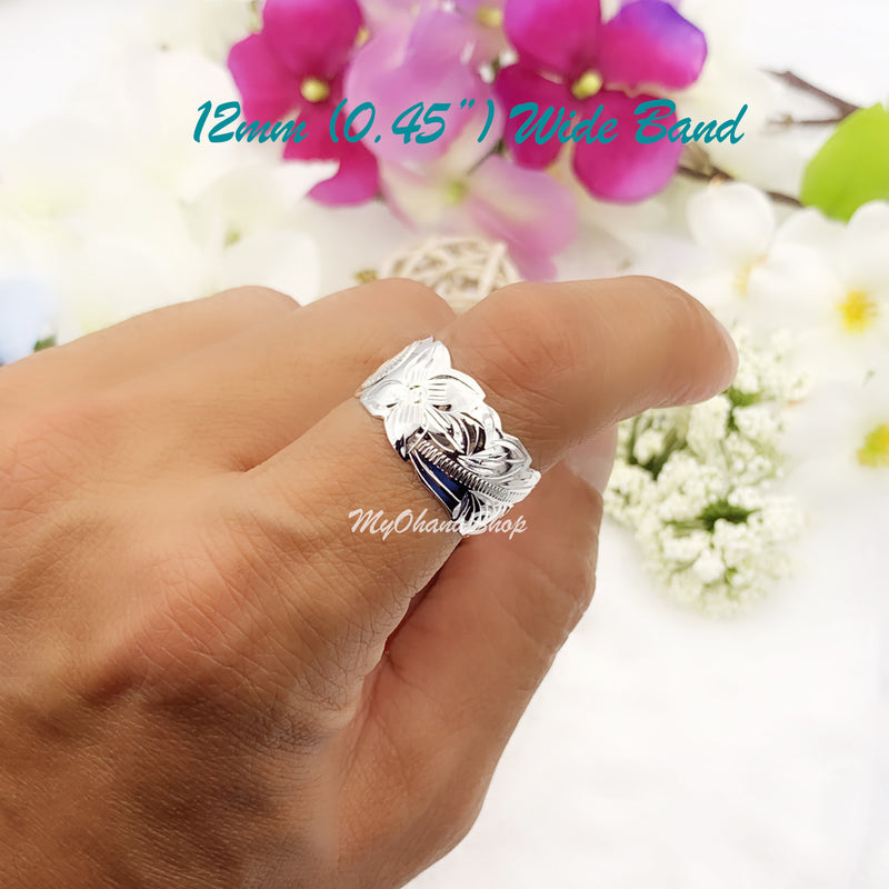 925 Sterling Silver Hand Carved Hawaiian Ring For Women.  10-15mm Engraved, Scalloped Edge, Plumerias & Scrolls Wedding, Engagement Band