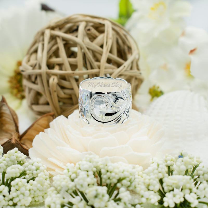 925 Sterling Silver Hand Carved Hawaiian Ring For Women. 15mm Wide, Hand Engraved, Scalloped Edge, Plumerias &amp; Scrolls Wedding, Engagement Band