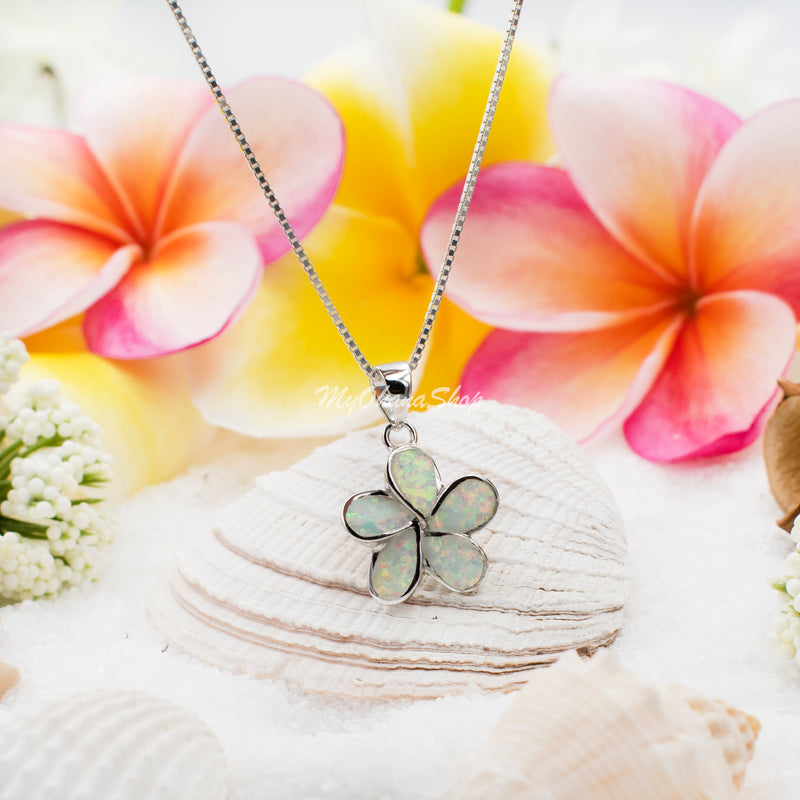 925 Sterling Silver Opal Plumeria Flower Necklace For Women, Girls
