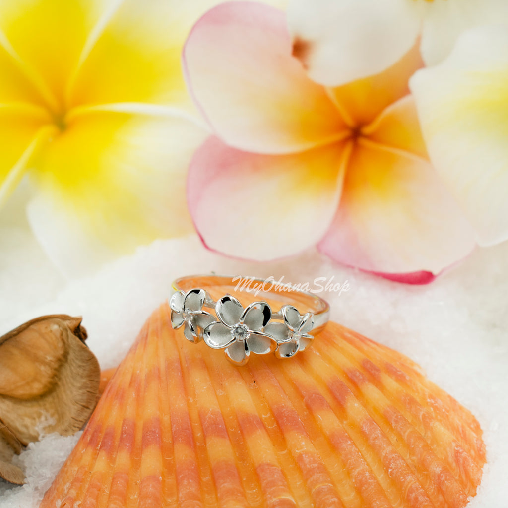 thumbnail image 2 of 925 Sterling Silver Hawaiian Plumeria Flower Ring – 15mm CZ, Clear Stone, Sizes 4-10 (Unbranded) 2 of 4