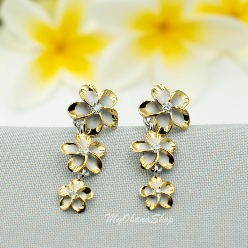 925 Sterling Silver Plumeria Drop, Post Earrings For Women. Gradual 8-10-12mm Three Flower, Hawaiian Stud Earrings With Post and Pushback.