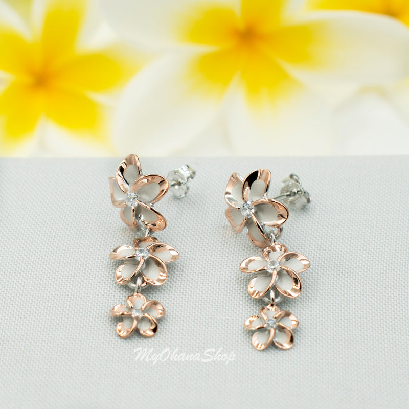 925 Sterling Silver Plumeria Drop, Post Earrings For Women. Gradual 8-10-12mm Three Flower, Hawaiian Stud Earrings With Post and Pushback.