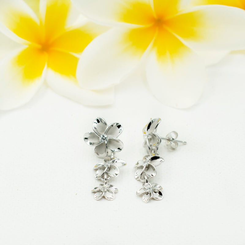 925 Sterling Silver Plumeria Drop, Post Earrings For Women. Gradual 8-10-12mm Three Flower, Hawaiian Stud Earrings With Post and Pushback.