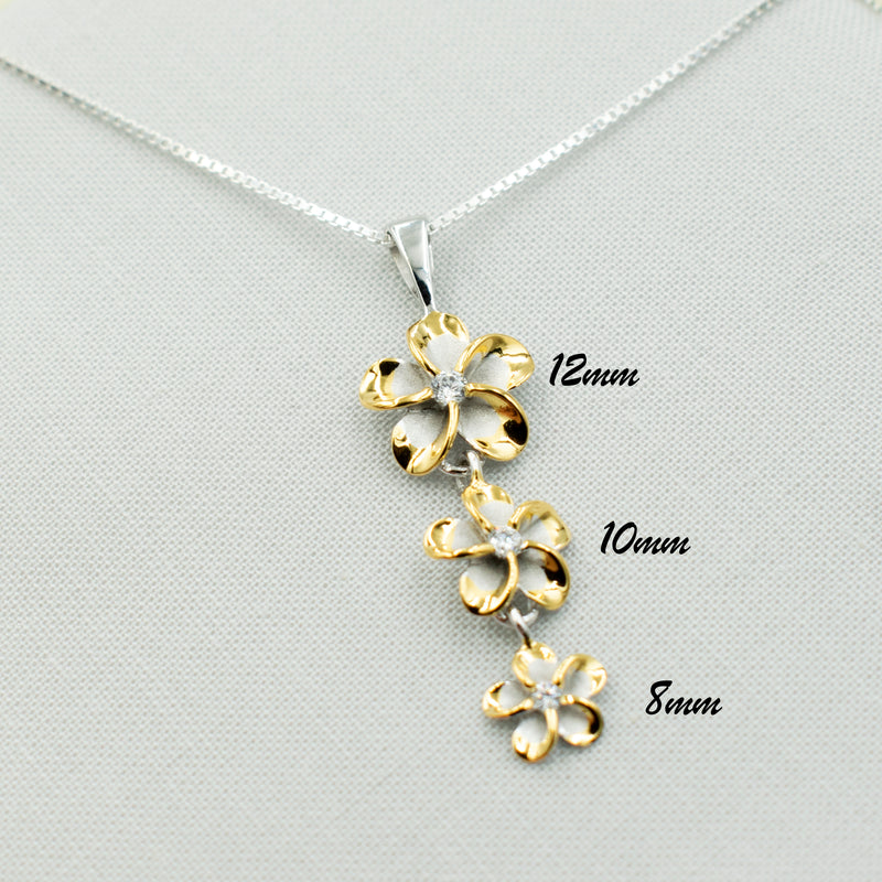 925 Sterling Silver Plumeria Necklace For Women.  Vertical, Gradual Size 8, 10, 12mm Flowers, Tropical Island Hawaiian Style Necklace.