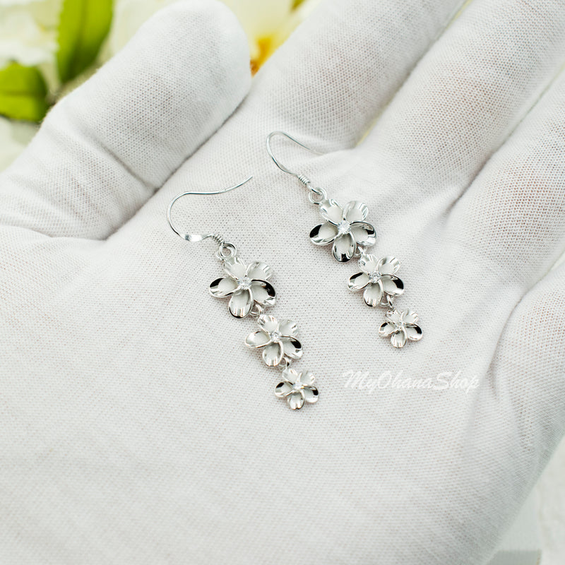 925 Sterling Silver Plumeria Earrings for Women. 1 1/4" Long, Gradual 8-10-12mm Dangling Three Flowers, Hawaiian Earrings.  Bridal Jewelry.