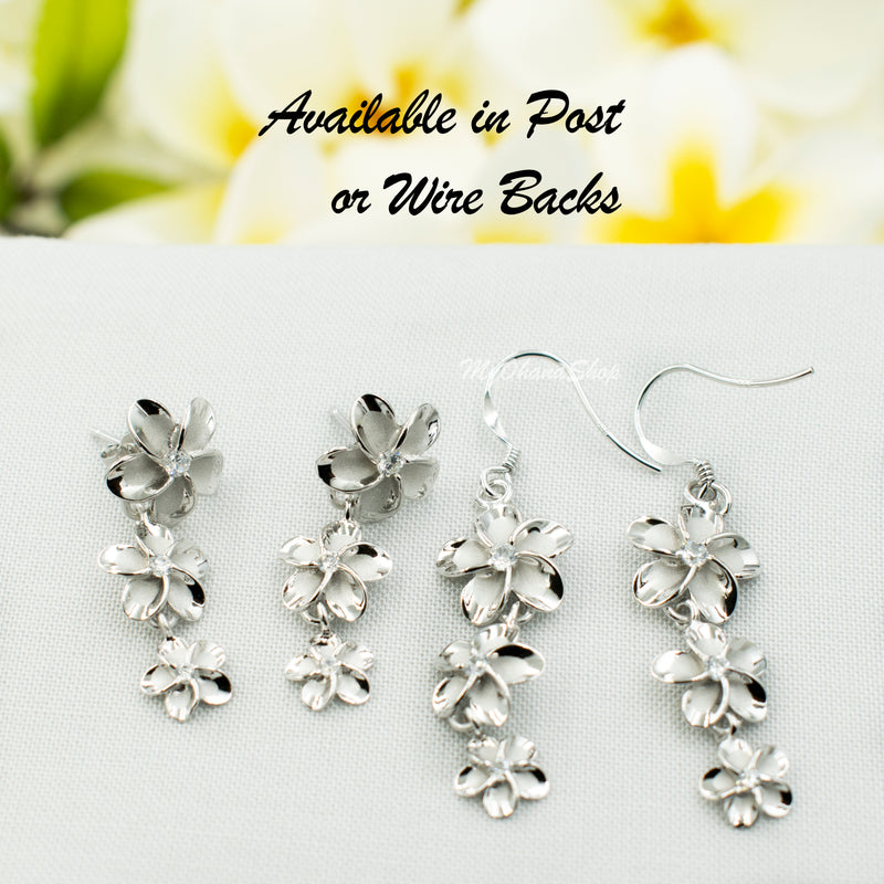 925 Sterling Silver Plumeria Earrings for Women. 1 1/4" Long, Gradual 8-10-12mm Dangling Three Flowers, Hawaiian Earrings.  Bridal Jewelry.