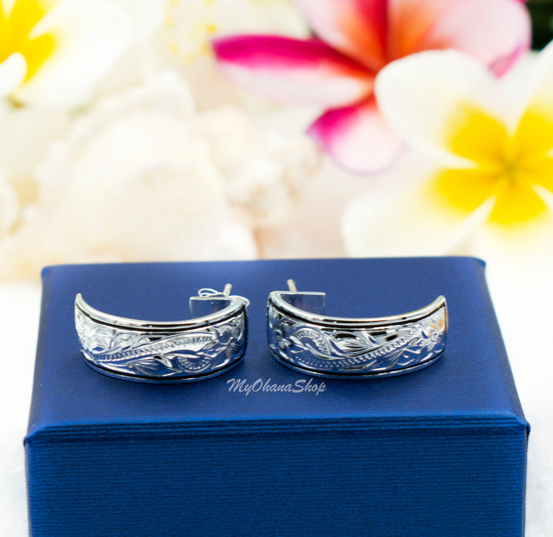 925 Sterling Silver Hawaiian Earrings For Girls, Women. 6, 8, 10mm Hand Carved, Half Moon Hoop Earrings With Plumeria Flowers and Scrolls.