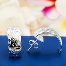 925 Sterling Silver Hawaiian Heritage Earrings For Women.  Classic, Elegant, Hand-Carved, Engraved, Scalloped Heirloom, Halfmoon Earrings.