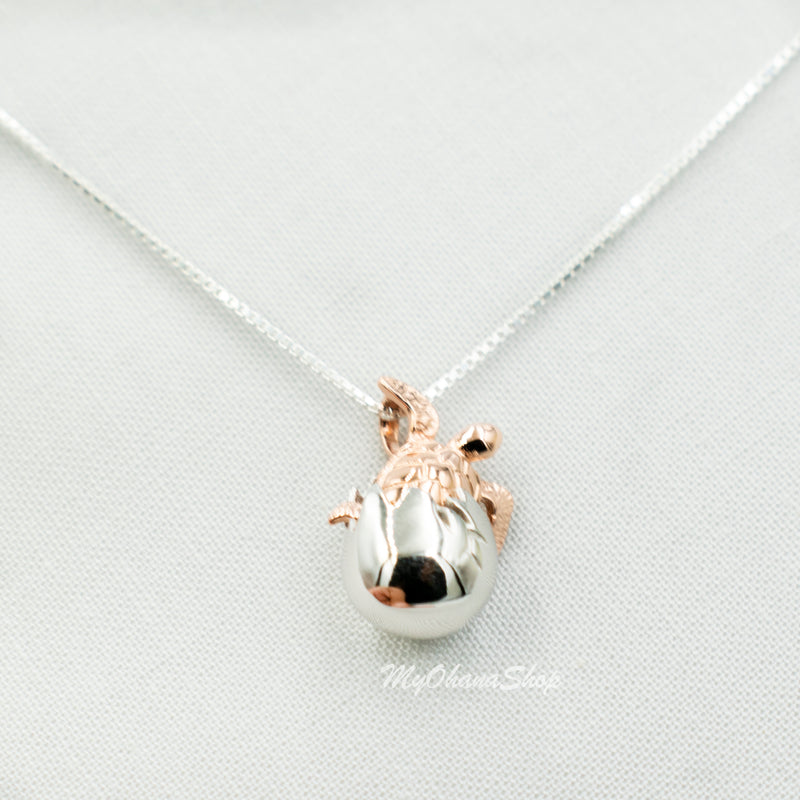 925 Sterling Silver Sea Turtle Necklace For Boys, Girls, Women. Cute, Small Baby Turtle & Egg Hawaiian Necklace. Birthday Jewelry Gift.