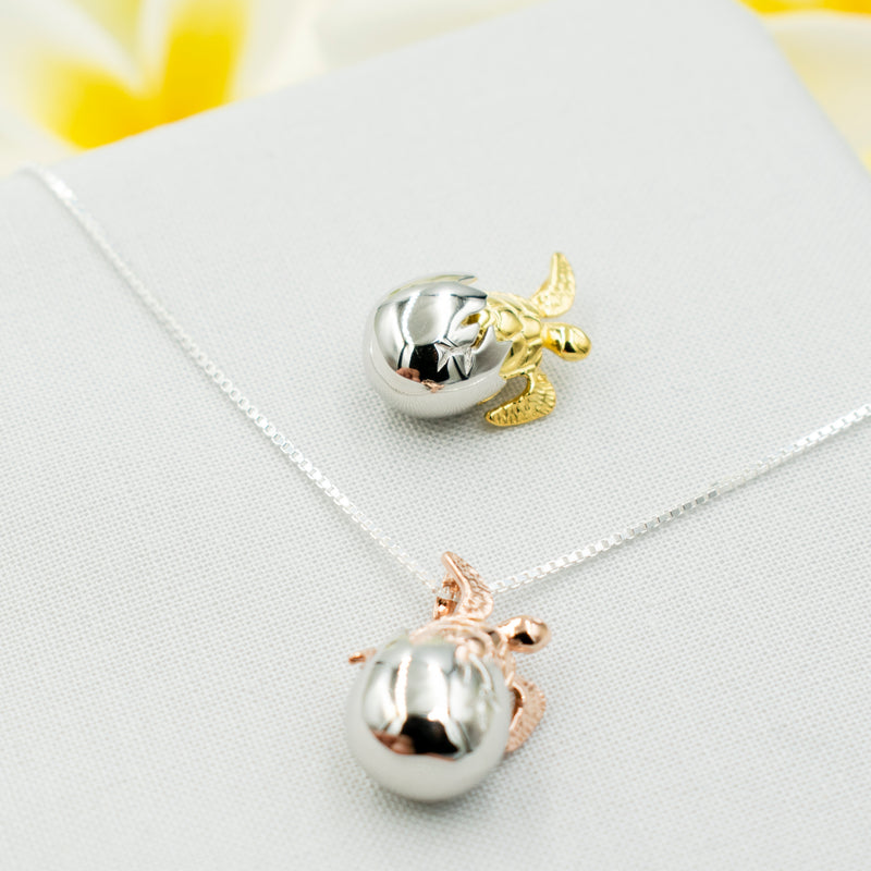 925 Sterling Silver Sea Turtle Necklace For Boys, Girls, Women. Cute, Small Baby Turtle & Egg Hawaiian Necklace. Birthday Jewelry Gift.