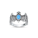 925 Sterling Silver Bat Ring For Men & Women.  Oxidized Silver Flying Bat & Wings Design With Blue Opal Centerstone.