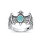 925 Sterling Silver Bat Ring For Men & Women.  Oxidized Silver Flying Bat & Wings Design With Blue Opal Centerstone.