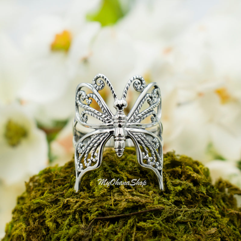 925 Sterling Silver Large Butterfly Ring For Women, Girls.  25mm Wide Cutout, Filigree Butterfly Ring.  Tropical Animal, Fairy Jewelries.