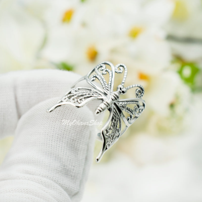 925 Sterling Silver Large Butterfly Ring For Women, Girls.  25mm Wide Cutout, Filigree Butterfly Ring.  Tropical Animal, Fairy Jewelries.