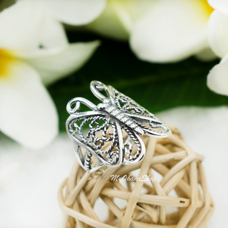 925 Sterling Silver Large Butterfly Ring For Women, Girls.  25mm, 1" Wide Cutout, Filigree Butterfly Ring.  Tropical Animal, Fairy Jewelries