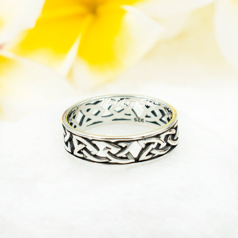 925 Sterling Silver Celtic Knot Ring For Men & Women.  6mm Cutout Band, Irish Scottish Trinity Love Knot Design for Pinky, Wedding, Thumb, Index Finger Ring.  His & Her Matching Bands.