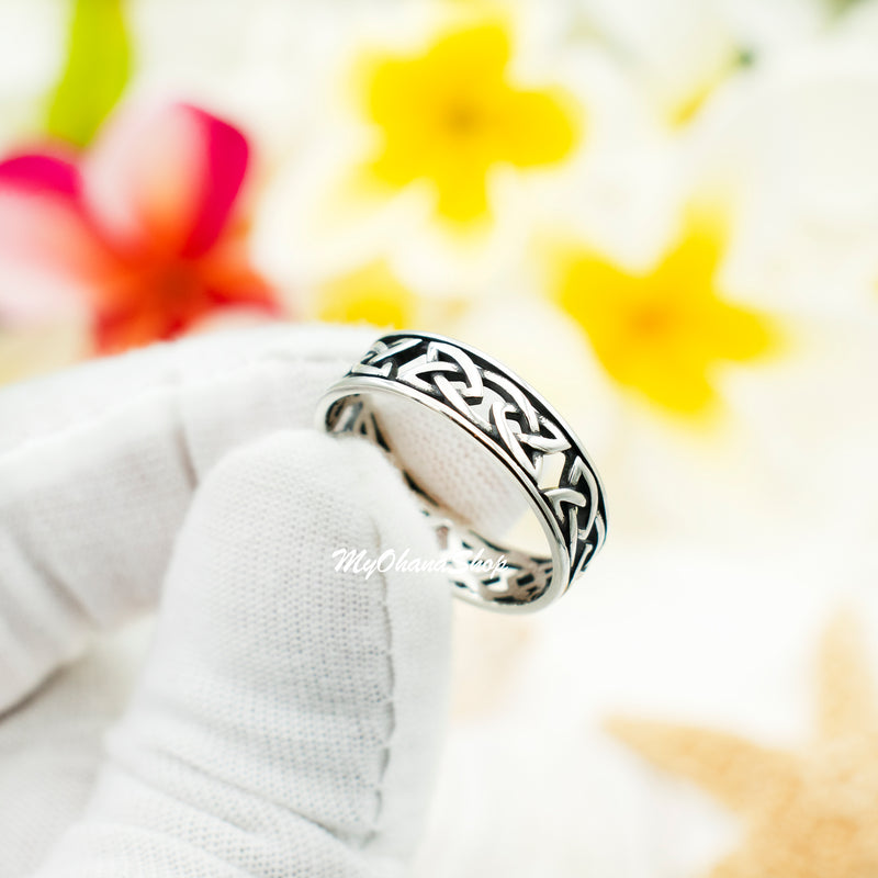 925 Sterling Silver Celtic Knot Ring For Men & Women.  6mm Cutout Band, Irish Scottish Trinity Love Knot Design for Pinky, Wedding, Thumb, Index Finger Ring.  His & Her Matching Bands.