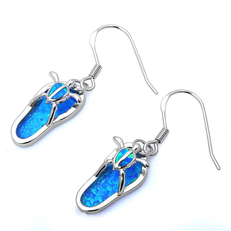 925 Sterling Silver Hawaiian Slippers & Sea Turtles Dangling Earrings For Women. Blue or White Opal Inlay Hawaiian Island Style Jewelry.