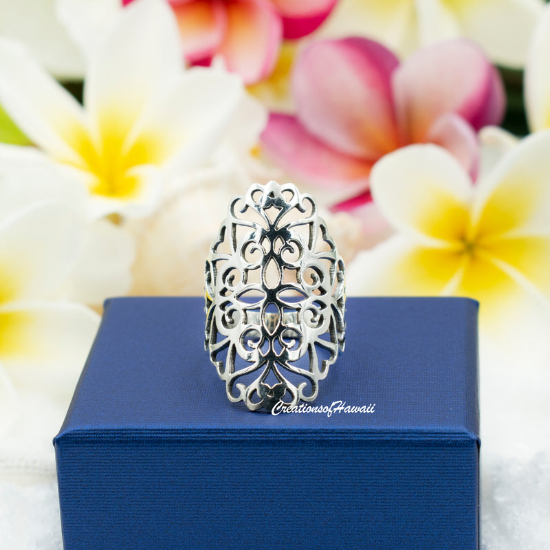 925 Sterling Silver Cutout, Filigree Ring For Women.  30mm, 1.25" Filigree Statement, Middle, Index Ring. Classic European Vintage Inspired Jewelry.