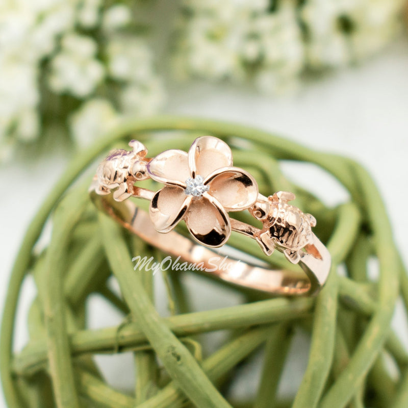 14K Gold Plated, 925 Sterling Silver Plumeria Turtles Ring For