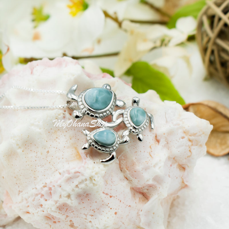 Sterling Silver Sea Turtles Necklace. Genuine Larimar Hawaiian Green Turtle Ohana, Family Necklace. Sea Life Jewelry Gift For Mom & Daughter