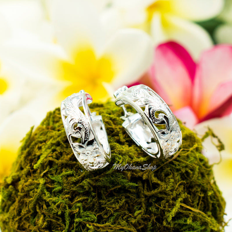 925 Sterling Silver Hawaiian Heritage Hoop Earrings For Women. Medium 3/4", Handcarved, Hand-engraved, Cutout Plumeria & Scrolls Earrings